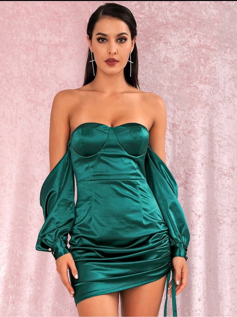 Emerald Off-Shoulder Satin Mini Dress